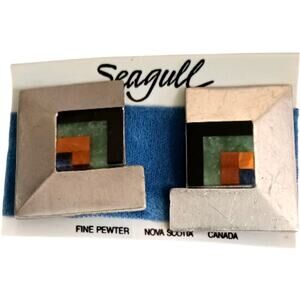 Vintage Seagull Pewter Modernist Geometric Earrings 1988 Signed Clip-On